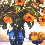 Sunflowers in Blue Vase 40 x 30 Watercolor on Aquabord $3000